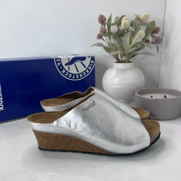 Papillio Birkenstock Debby Slip On Wedge Silver Metallic Women 7/EU38 Tried On - Picture 4 of 12